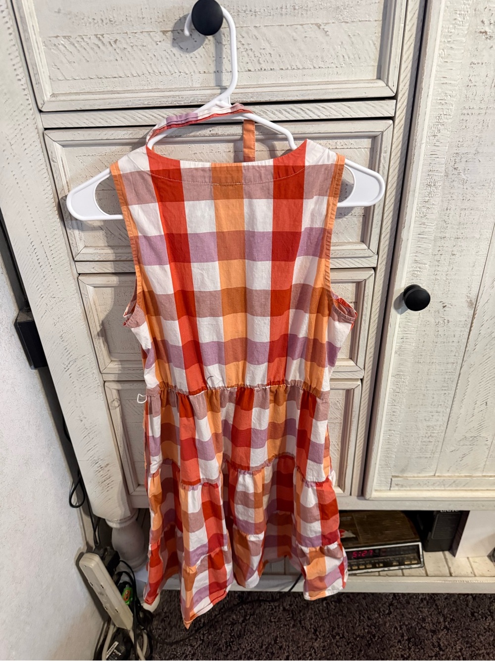 J. Crew Orange, Red & Cream Plaid Tiered Midi Dress